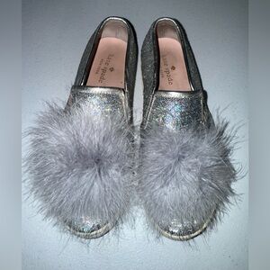 Kate Spade Latina Silver Leather Sequin Feather Pom Shoes Size 6M